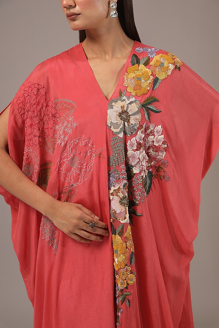 Peach Crepe Chiffon Hand Embroidered Kaftan by Half Full Curve at Pernia's Pop Up Shop