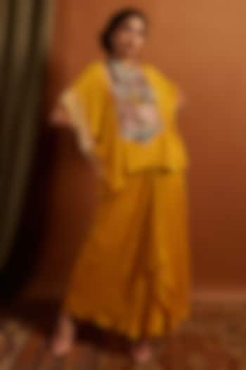 Mustard Crepe Chiffon Dhoti Skirt Set by Half Full Curve at Pernia's Pop Up Shop