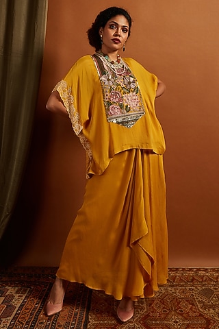 Mustard Crepe Chiffon Dhoti Skirt Set by Half Full Curve