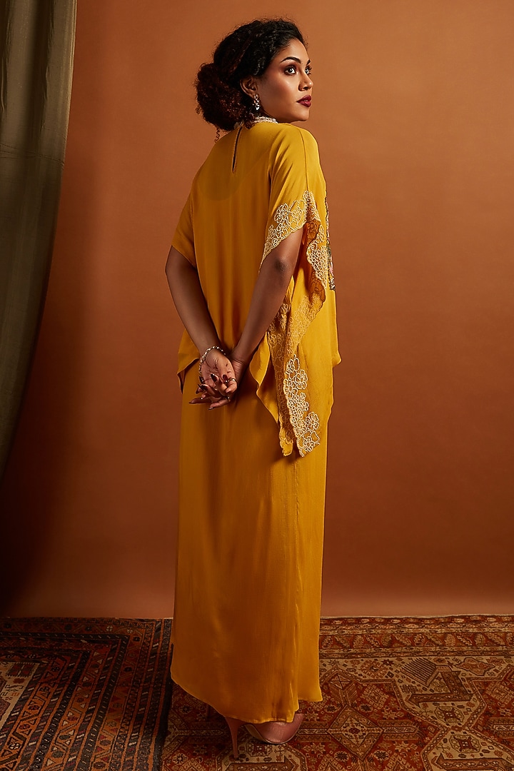 Mustard Crepe Chiffon Dhoti Skirt Set by Half Full Curve at Pernia's Pop Up Shop