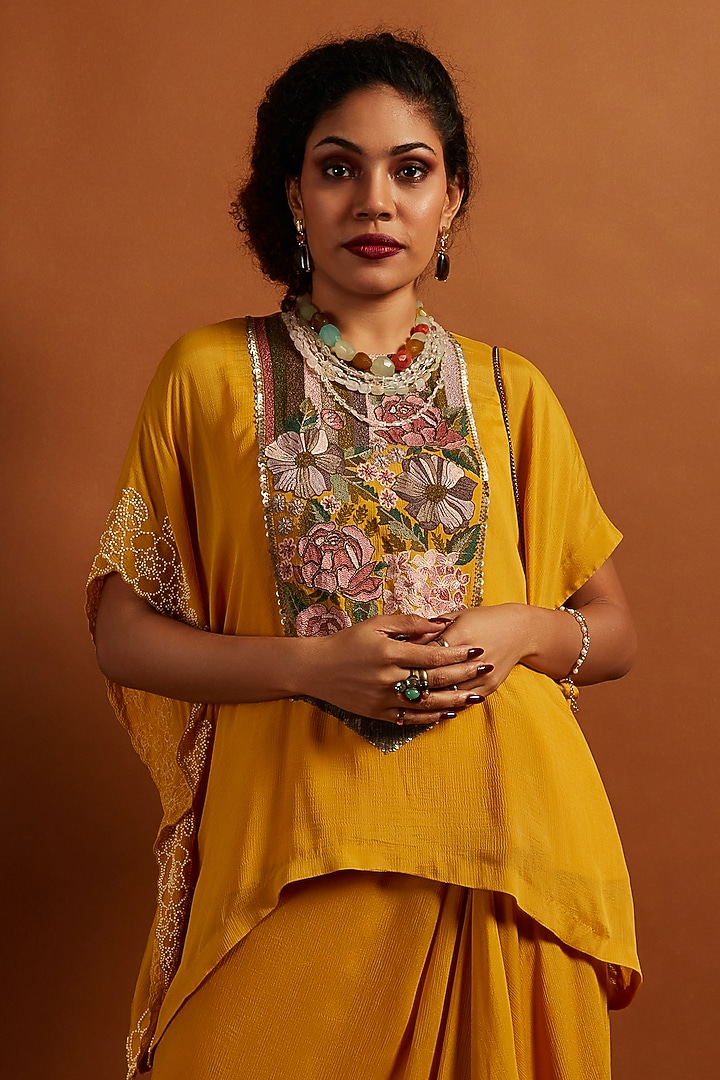 Mustard Crepe Chiffon Dhoti Skirt Set by Half Full Curve at Pernia's Pop Up Shop