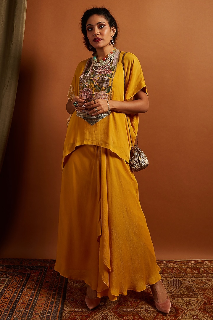 Mustard Crepe Chiffon Dhoti Skirt Set by Half Full Curve at Pernia's Pop Up Shop