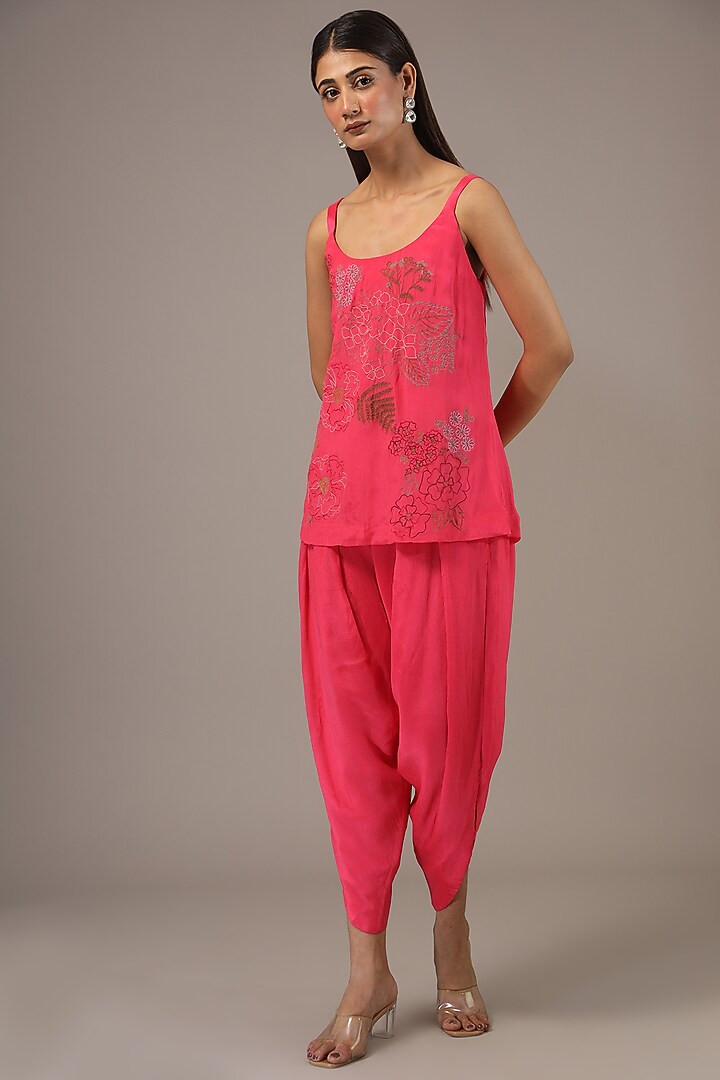 Pink Crepe Chiffon Hand-Embroidered Co-Ord Set by Half Full Curve at Pernia's Pop Up Shop