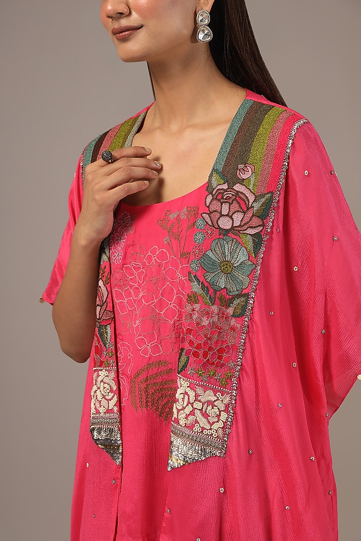 Pink Crepe Chiffon Hand-Embroidered Co-Ord Set by Half Full Curve at Pernia's Pop Up Shop