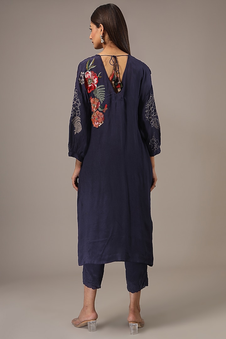 Navy Blue Crepe Chiffon Hand-Embroidered Kurta Set by Half Full Curve at Pernia's Pop Up Shop