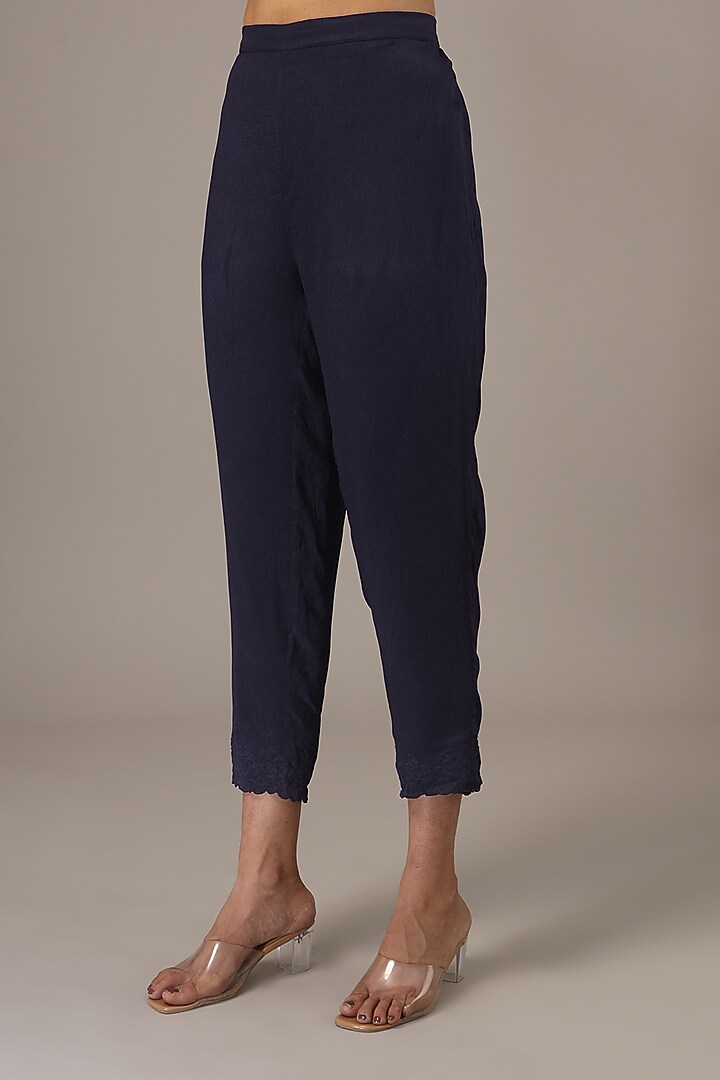 Navy Blue Crepe Chiffon Hand-Embroidered Kurta Set by Half Full Curve at Pernia's Pop Up Shop