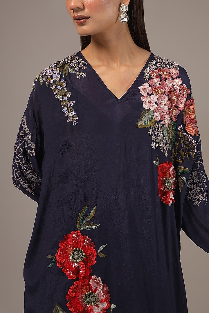 Navy Blue Crepe Chiffon Hand-Embroidered Kurta Set by Half Full Curve at Pernia's Pop Up Shop