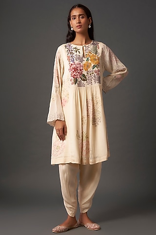 Ivory Crepe Chiffon Hand Embroidered Gathred Kurta Set by Half Full Curve