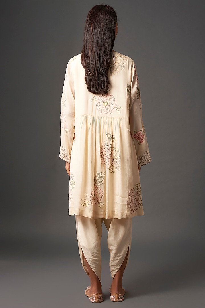 Ivory Crepe Chiffon Hand Embroidered Gathred Kurta Set by Half Full Curve at Pernia's Pop Up Shop