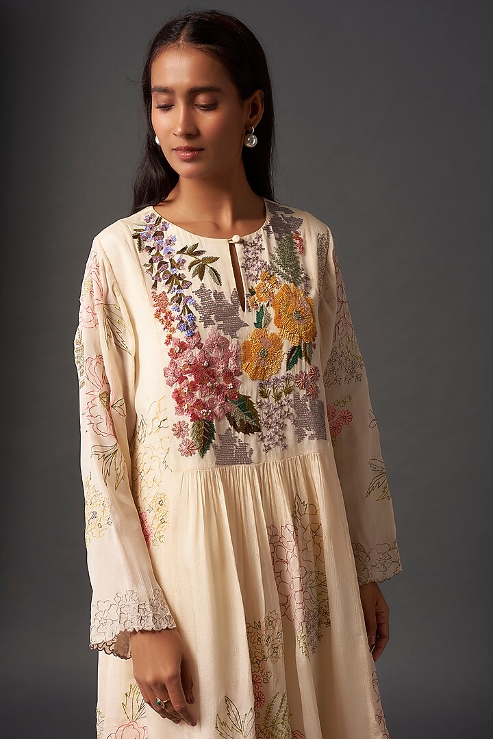 Ivory Crepe Chiffon Hand Embroidered Gathred Kurta Set by Half Full Curve at Pernia's Pop Up Shop