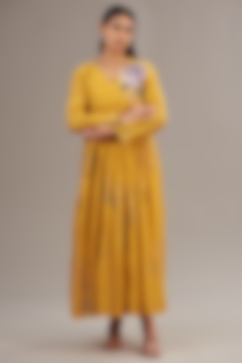 Yellow Fine Chanderi Floral Embroidered Maxi Flared Dress by Half Full Curve at Pernia's Pop Up Shop