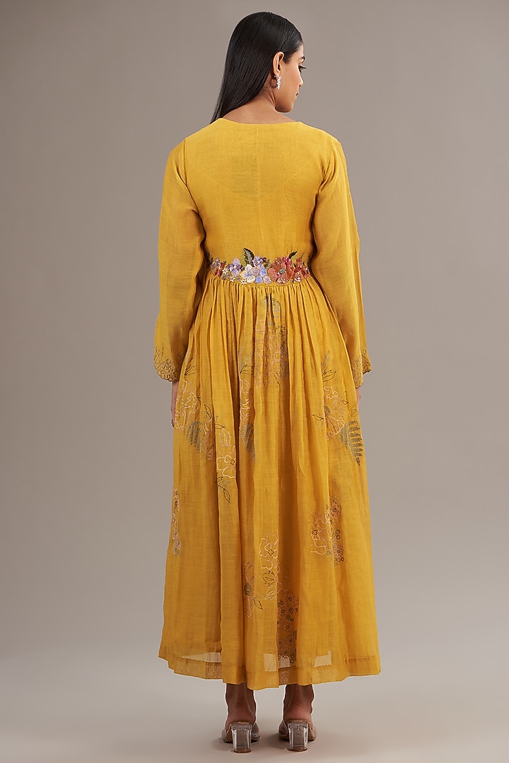 Yellow Fine Chanderi Floral Embroidered Maxi Flared Vacation Dress by Half Full Curve at Pernia's Pop Up Shop