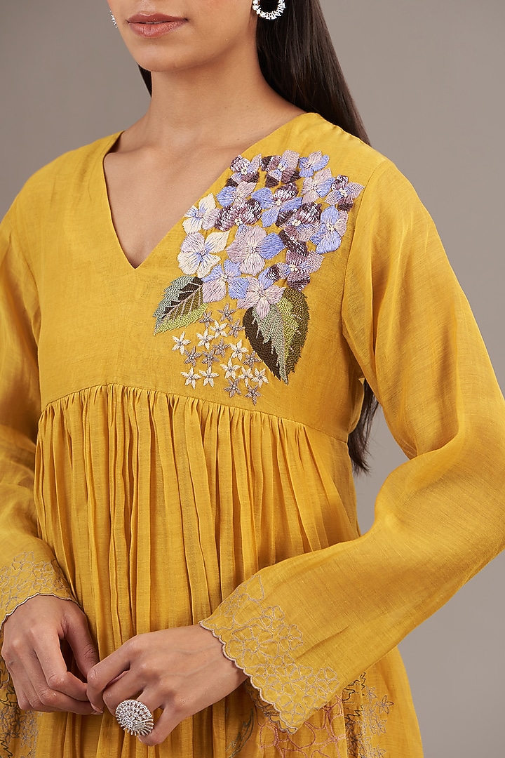 Yellow Fine Chanderi Floral Embroidered Maxi Flared Vacation Dress by Half Full Curve at Pernia's Pop Up Shop