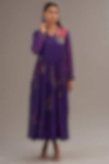 Purple Fine Chanderi Floral Embroidered Flared Maxi Dress by Half Full Curve at Pernia's Pop Up Shop