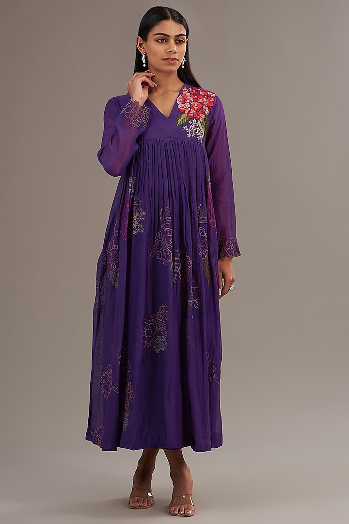 Purple Fine Chanderi Floral Embroidered Flared Maxi Dress by Half Full Curve at Pernia's Pop Up Shop