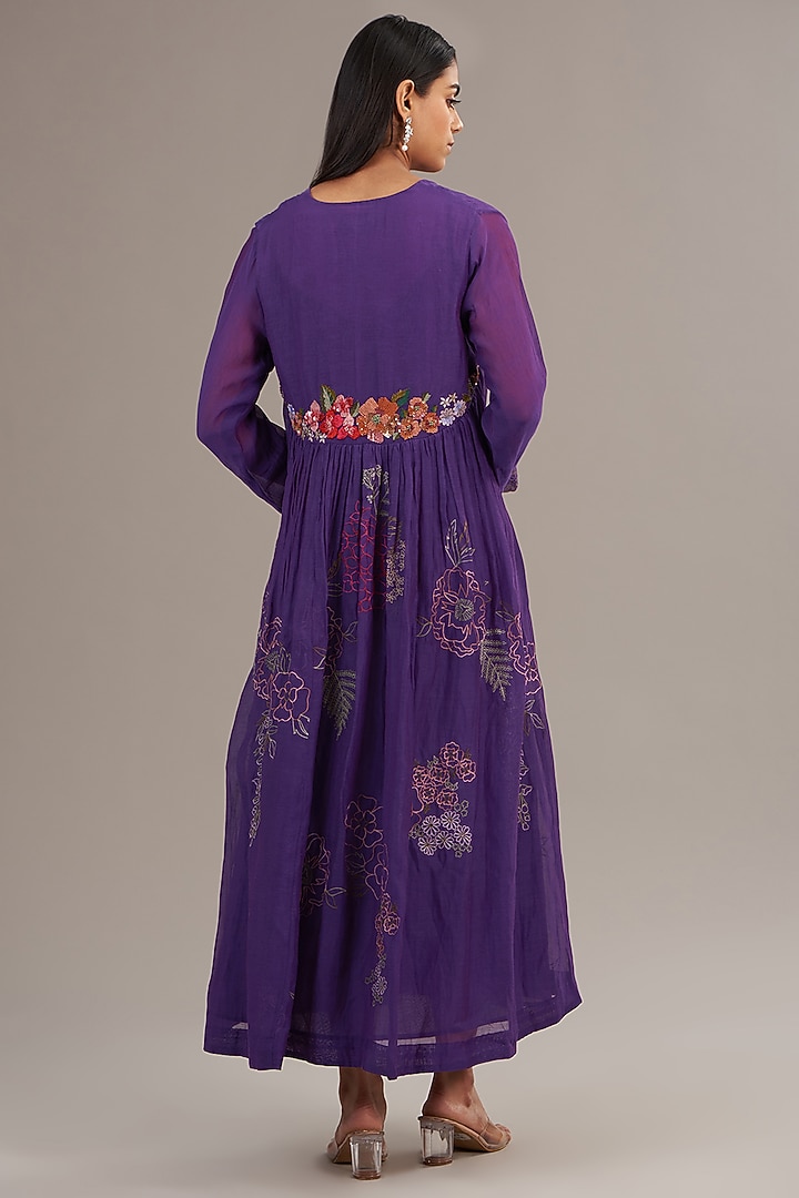 Purple Fine Chanderi Floral Embroidered Flared Maxi Vacation Dress by Half Full Curve at Pernia's Pop Up Shop