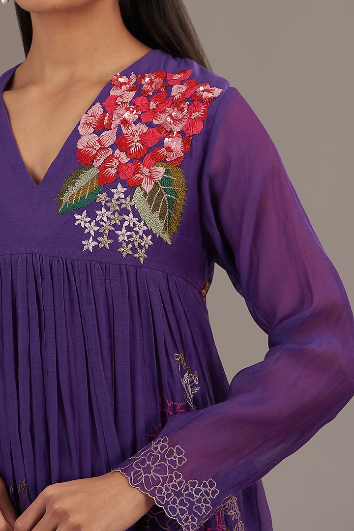 Purple Fine Chanderi Floral Embroidered Flared Maxi Vacation Dress by Half Full Curve at Pernia's Pop Up Shop