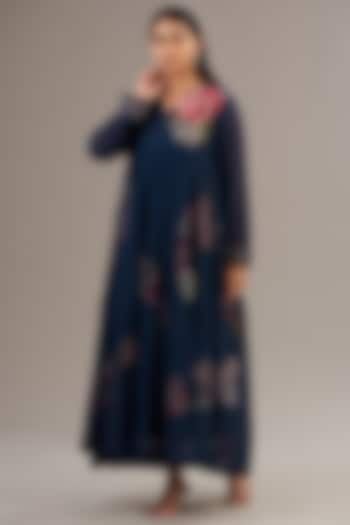 Midnight Blue Fine Chanderi Floral Embroidered Flared Maxi Dress by Half Full Curve at Pernia's Pop Up Shop