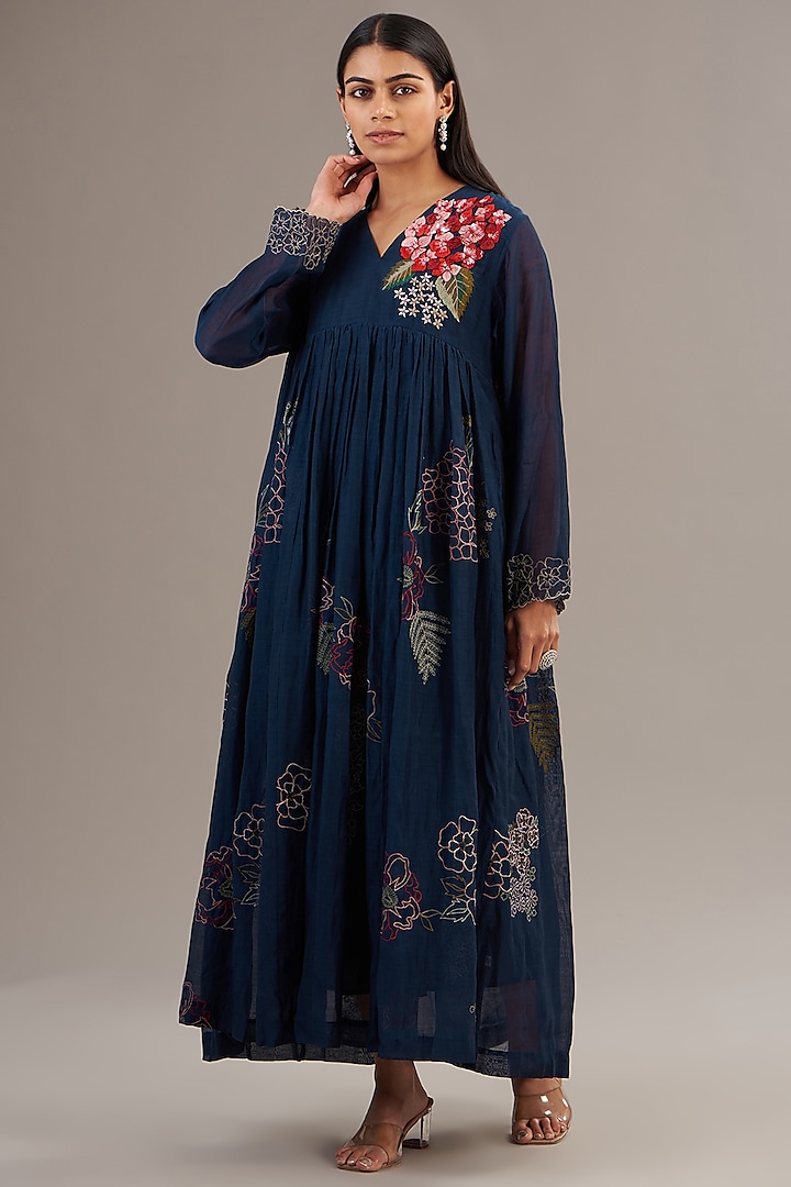 Midnight Blue Fine Chanderi Floral Embroidered Flared Maxi Dress by Half Full Curve at Pernia's Pop Up Shop