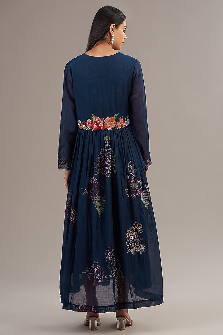 Midnight Blue Fine Chanderi Floral Embroidered Flared Maxi Vacation Dress by Half Full Curve at Pernia's Pop Up Shop