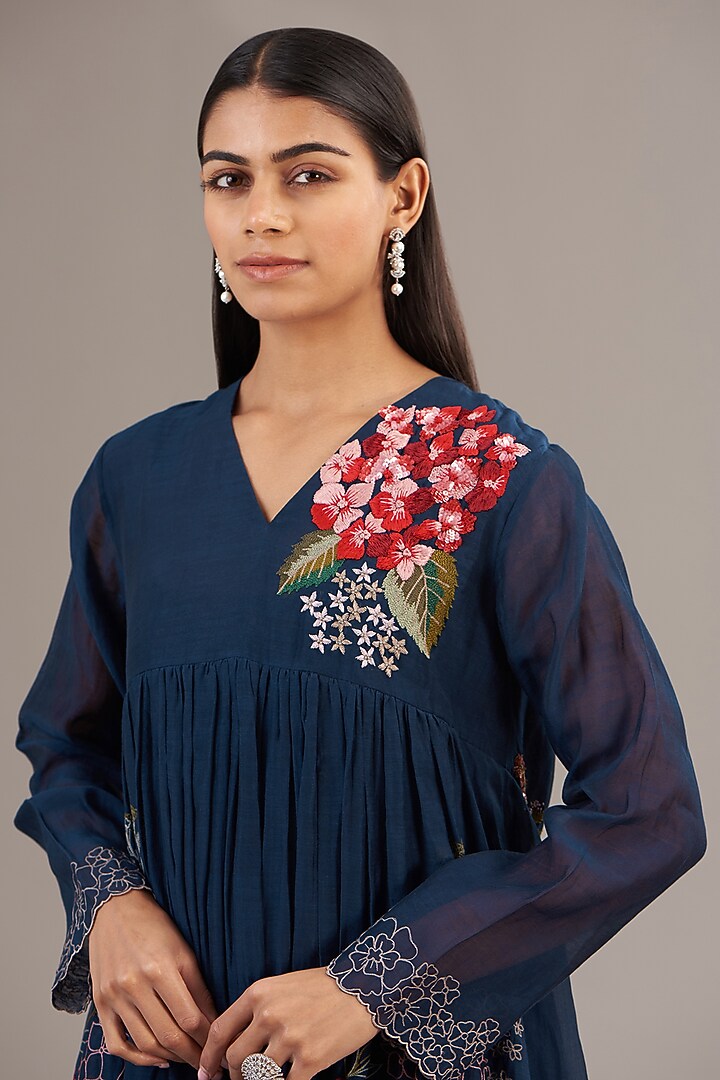 Midnight Blue Fine Chanderi Floral Embroidered Flared Maxi Vacation Dress by Half Full Curve at Pernia's Pop Up Shop