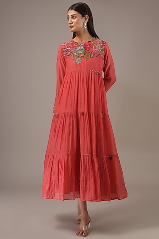 Peach Fine Chanderi Hand Embroidered Dress by Half Full Curve