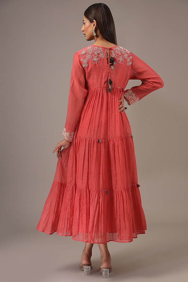 Peach Fine Chanderi Hand Embroidered Vacation Dress by Half Full Curve at Pernia's Pop Up Shop