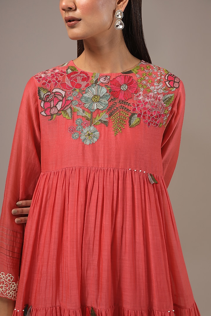 Peach Fine Chanderi Hand Embroidered Vacation Dress by Half Full Curve at Pernia's Pop Up Shop