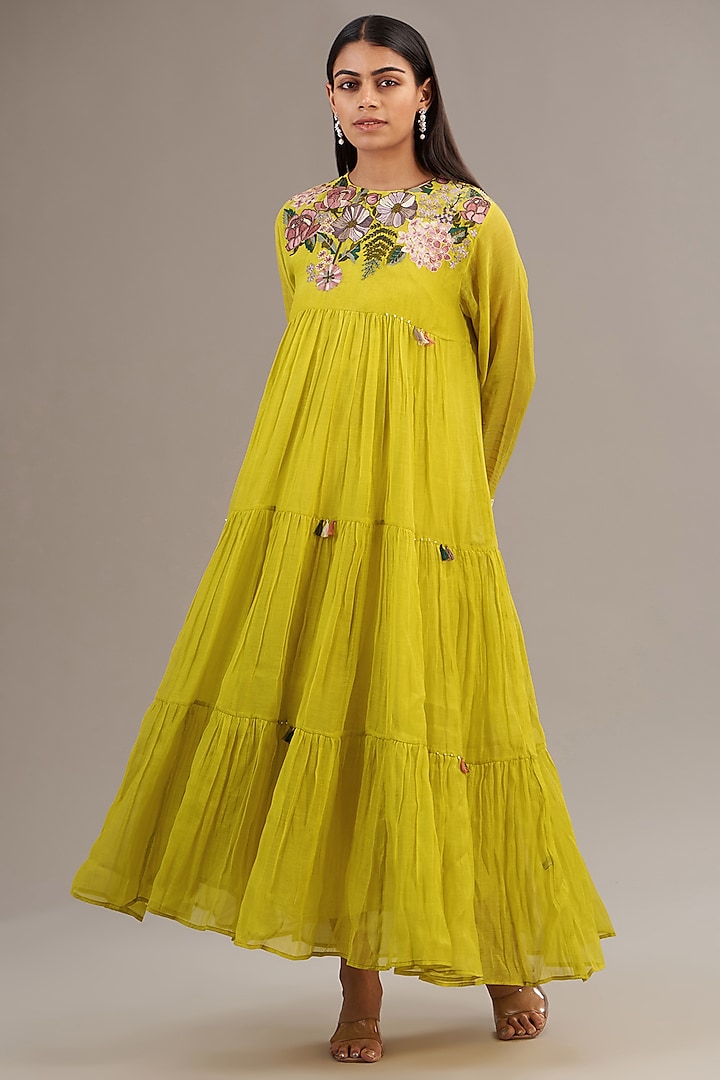 Green Fine Chanderi Floral Embroidered Maxi Tiered Dress by Half Full Curve at Pernia's Pop Up Shop