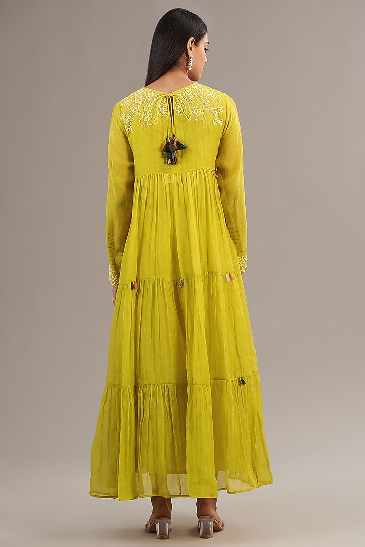Green Fine Chanderi Floral Embroidered Maxi Tiered Vacation Dress by Half Full Curve at Pernia's Pop Up Shop