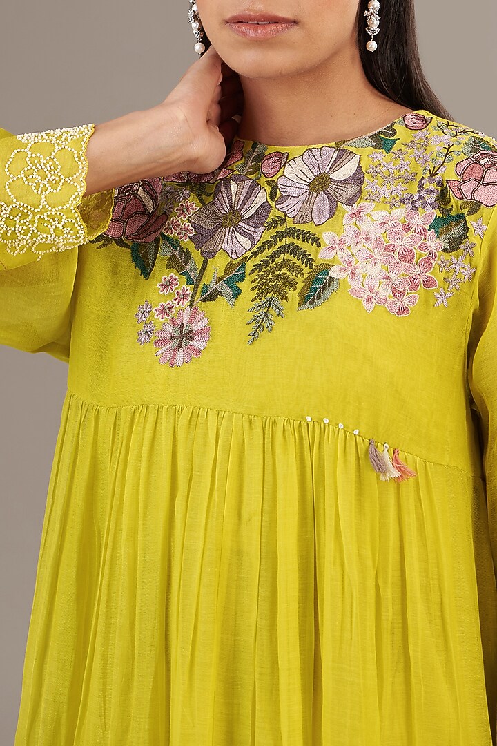 Green Fine Chanderi Floral Embroidered Maxi Tiered Vacation Dress by Half Full Curve at Pernia's Pop Up Shop