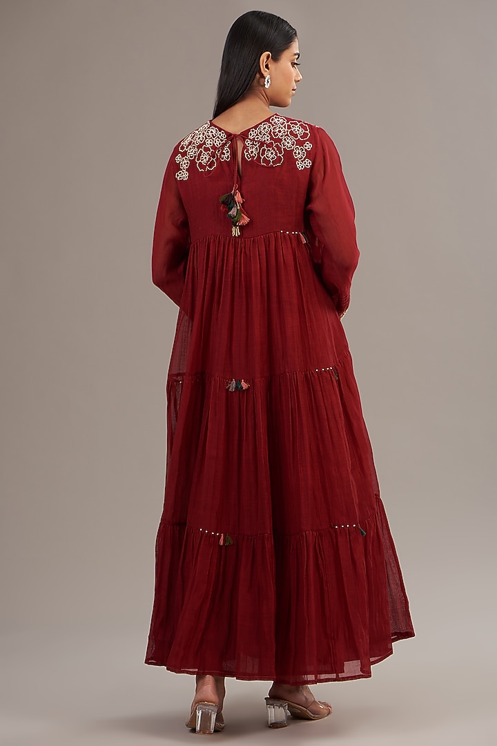 Red Fine Chanderi Floral Embroidered Maxi Tiered Vacation Dress by Half Full Curve at Pernia's Pop Up Shop