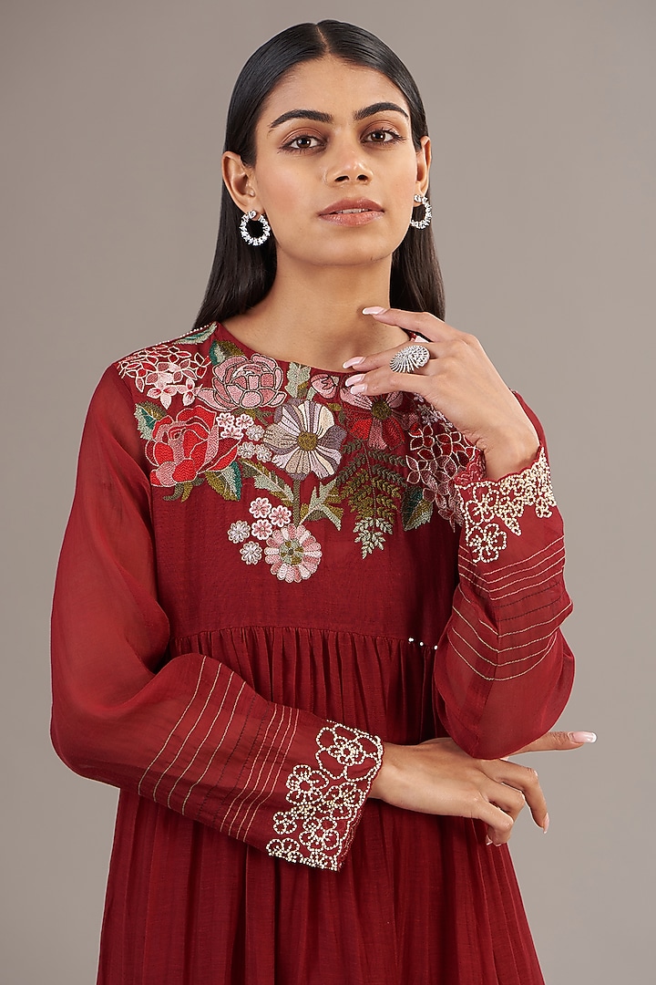 Red Fine Chanderi Floral Embroidered Maxi Tiered Vacation Dress by Half Full Curve at Pernia's Pop Up Shop