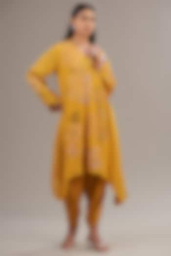 Yellow Crepe Chiffon Floral Embroidered Gathered Kurta Set by Half Full Curve at Pernia's Pop Up Shop