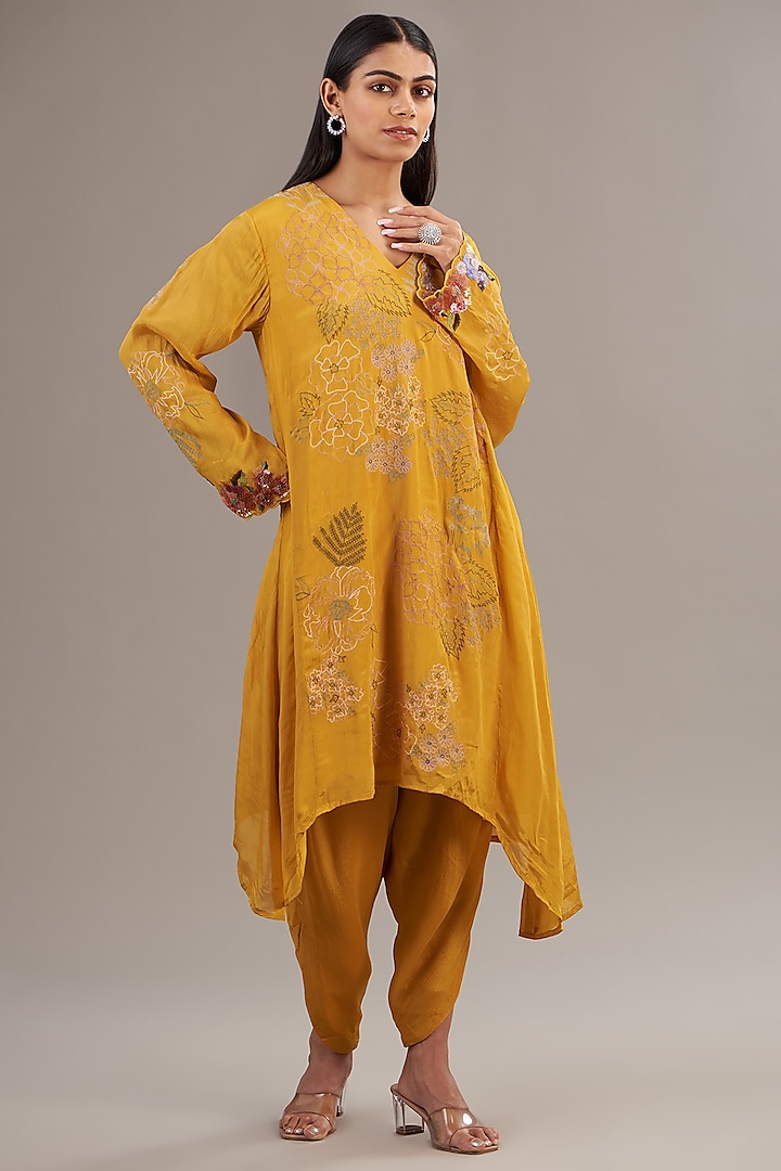 Yellow Crepe Chiffon Floral Embroidered Gathered Kurta Set by Half Full Curve at Pernia's Pop Up Shop