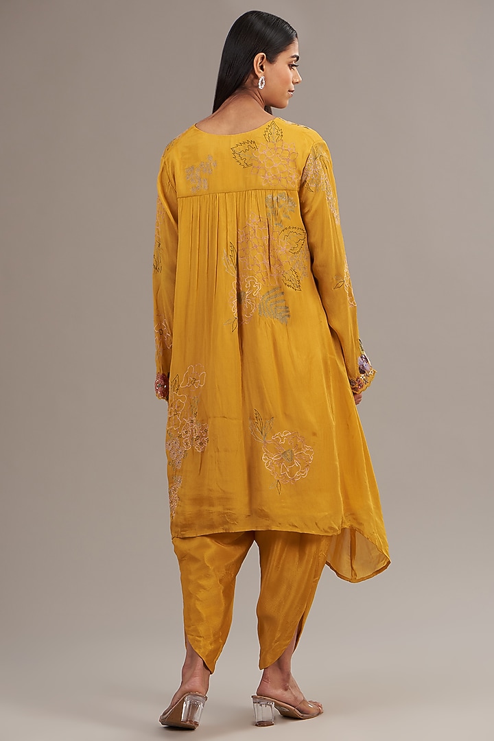 Yellow Crepe Chiffon Floral Embroidered Gathered Kurta Set by Half Full Curve at Pernia's Pop Up Shop