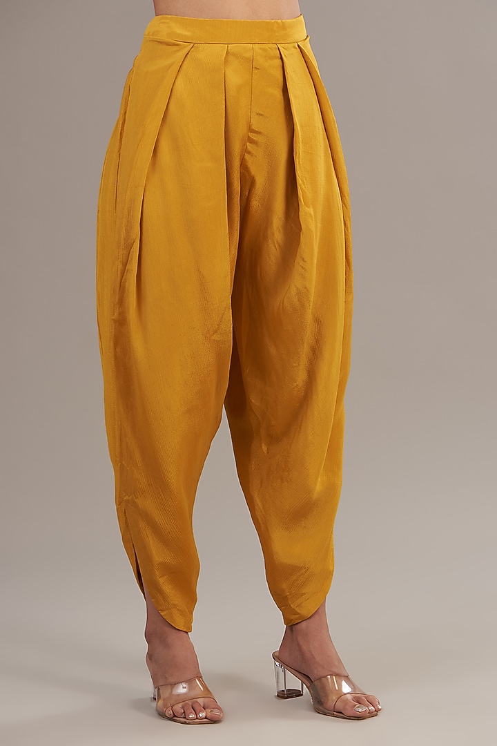 Yellow Crepe Chiffon Floral Embroidered Gathered Kurta Set by Half Full Curve at Pernia's Pop Up Shop