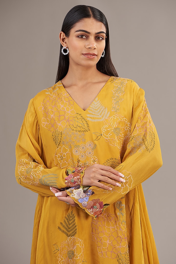 Yellow Crepe Chiffon Floral Embroidered Gathered Kurta Set by Half Full Curve at Pernia's Pop Up Shop