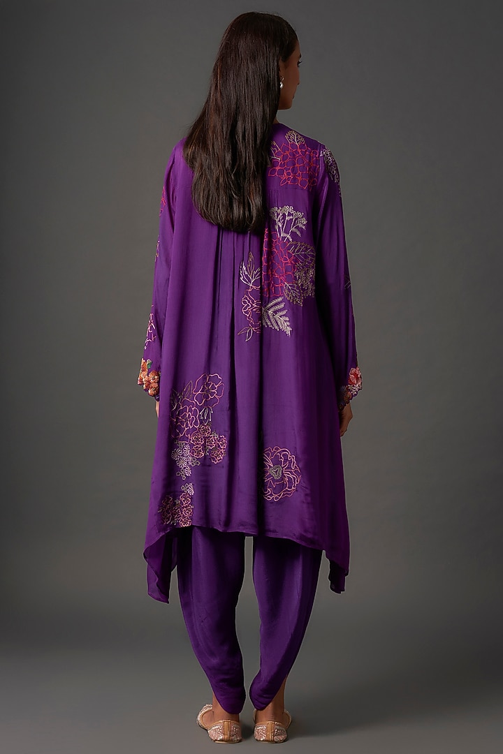 Purple Crepe Chiffon Floral Hand Embroidered Kurta Set by Half Full Curve at Pernia's Pop Up Shop