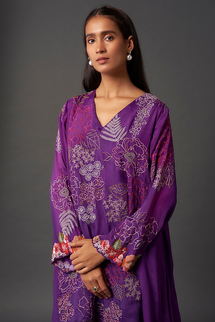 Purple Crepe Chiffon Floral Hand Embroidered Kurta Set by Half Full Curve at Pernia's Pop Up Shop