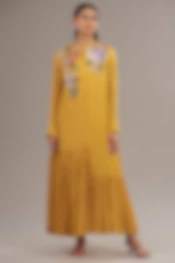 Yellow Crepe Chiffon Floral Embroidered Maxi Dress by Half Full Curve at Pernia's Pop Up Shop