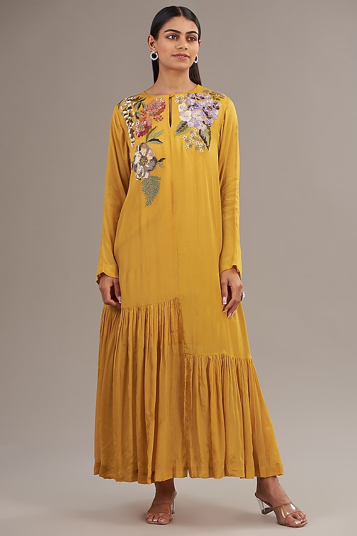 Yellow Crepe Chiffon Floral Embroidered Maxi Dress by Half Full Curve at Pernia's Pop Up Shop