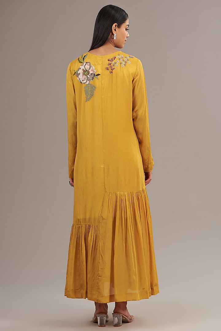 Yellow Crepe Chiffon Floral Embroidered Maxi Vacation Dress by Half Full Curve at Pernia's Pop Up Shop