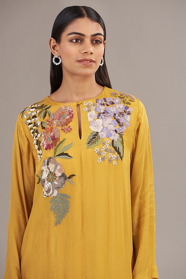 Yellow Crepe Chiffon Floral Embroidered Maxi Vacation Dress by Half Full Curve at Pernia's Pop Up Shop