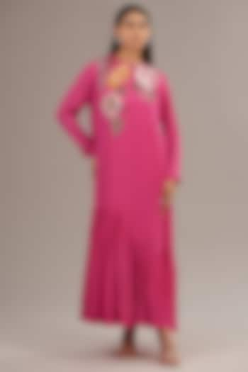 Pink Crepe Chiffon Floral Embroidered Maxi Dress by Half Full Curve at Pernia's Pop Up Shop