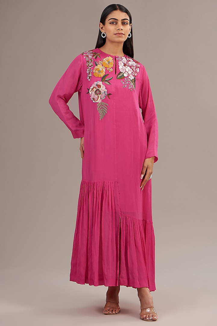 Pink Crepe Chiffon Floral Embroidered Maxi Dress by Half Full Curve at Pernia's Pop Up Shop