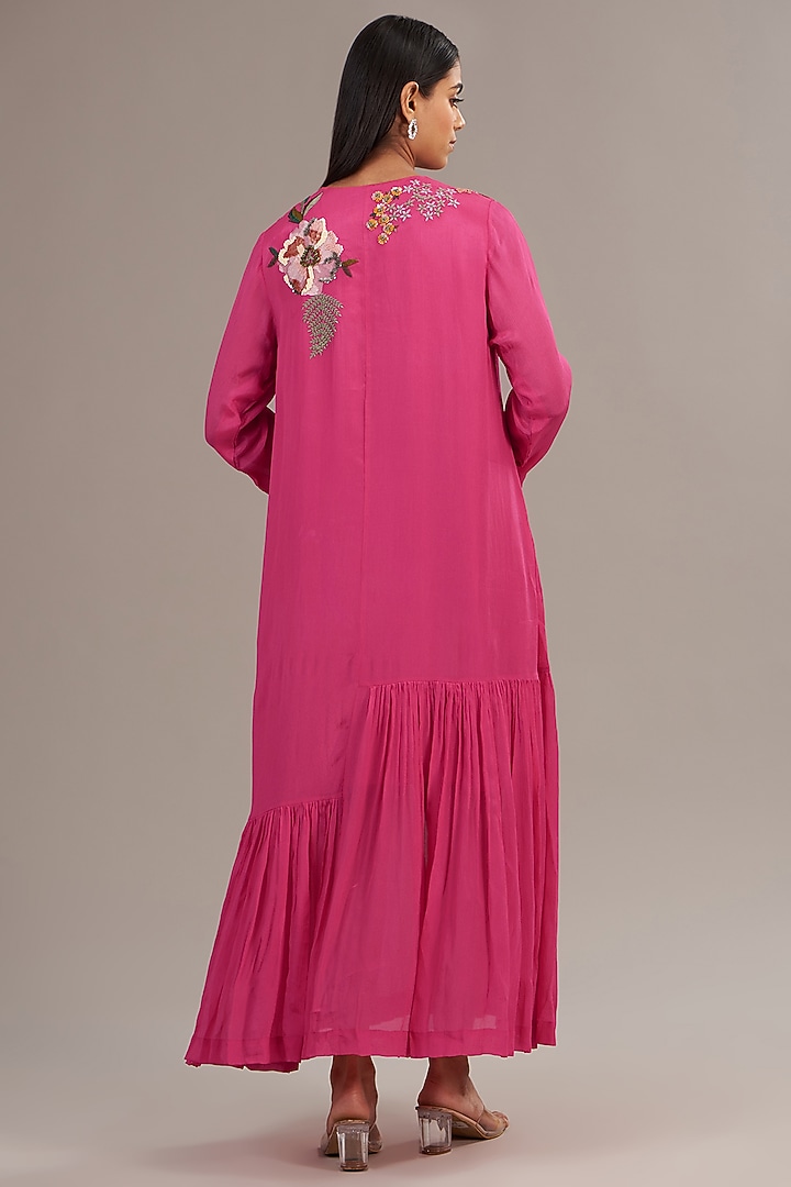 Pink Crepe Chiffon Floral Embroidered Maxi Vacation Dress by Half Full Curve at Pernia's Pop Up Shop