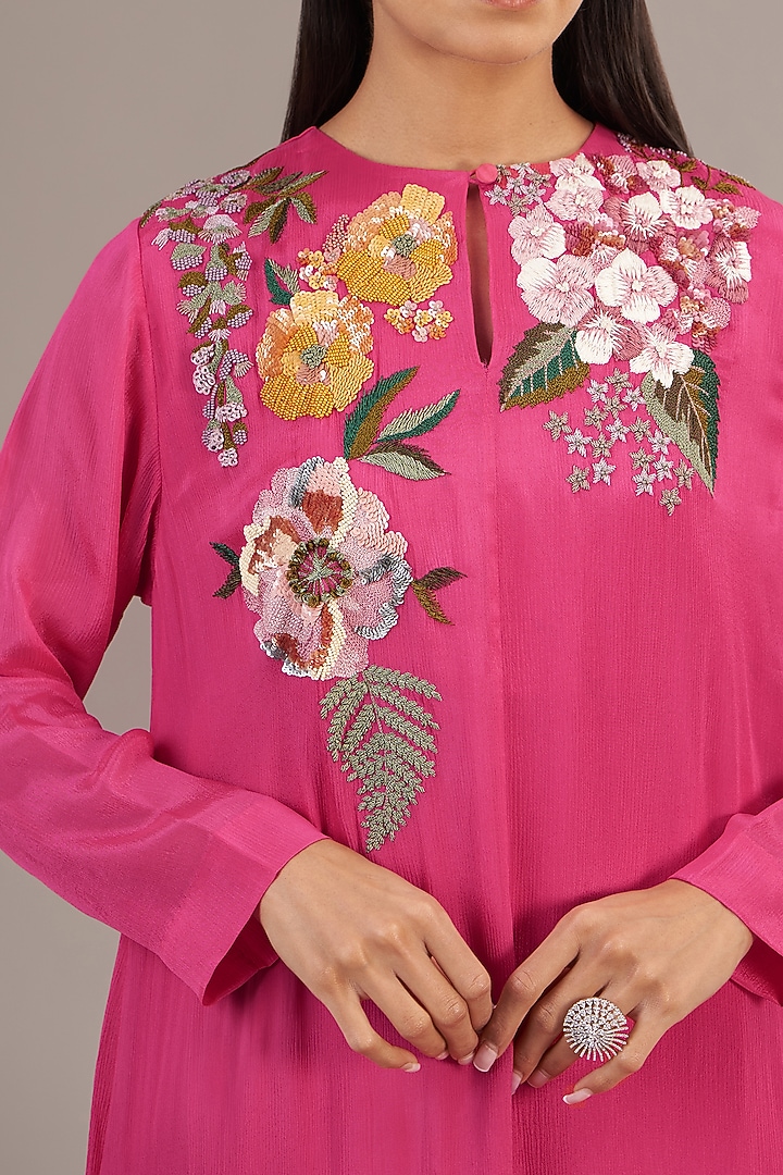 Pink Crepe Chiffon Floral Embroidered Maxi Vacation Dress by Half Full Curve at Pernia's Pop Up Shop