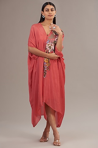 Peach Crepe Chiffon Floral Embroidered Draped Midi Dress by Half Full Curve