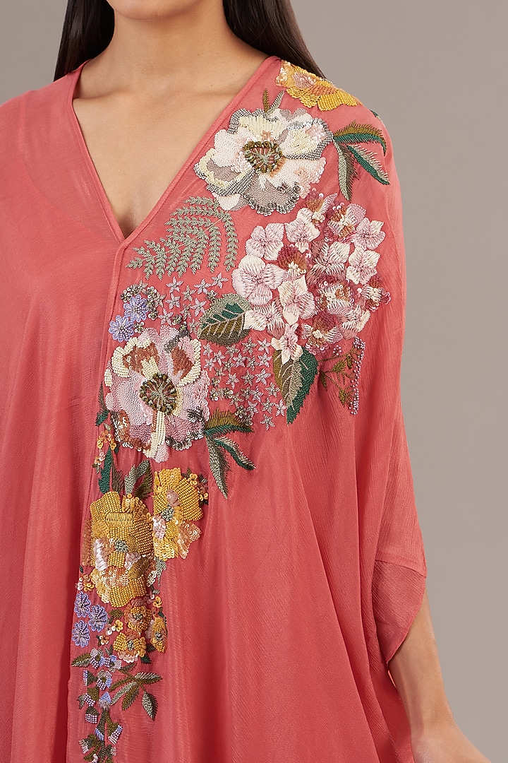 Peach Crepe Chiffon Floral Embroidered Draped Midi Vacation Dress by Half Full Curve at Pernia's Pop Up Shop